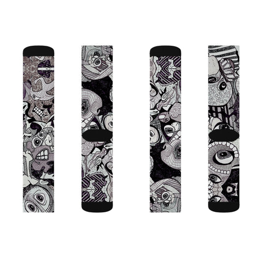 House Party — Black & Gray All-Over Face Pattern Sublimation Socks