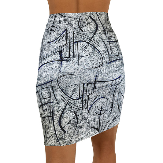 Can't you Read?! Asemic Pencil Drawing - Pencil Skirt - Mid-Waist Art Print Skirt