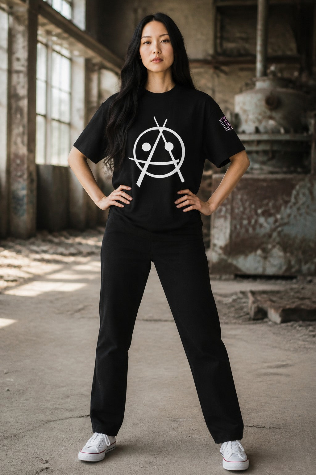 Essential Cotton T-Shirt with smiley face anarchy symbol