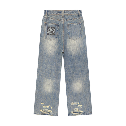 Vintage Wash Distressed Denim Jeans with original painting of an Anarchy Symbol