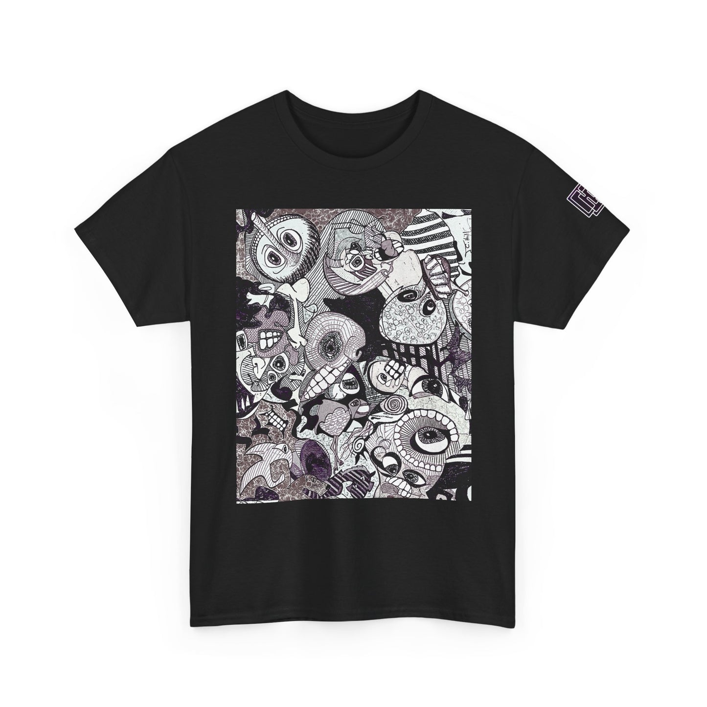 Doodle Monsters Graphic Tee — Black & White Surreal Cartoon Print