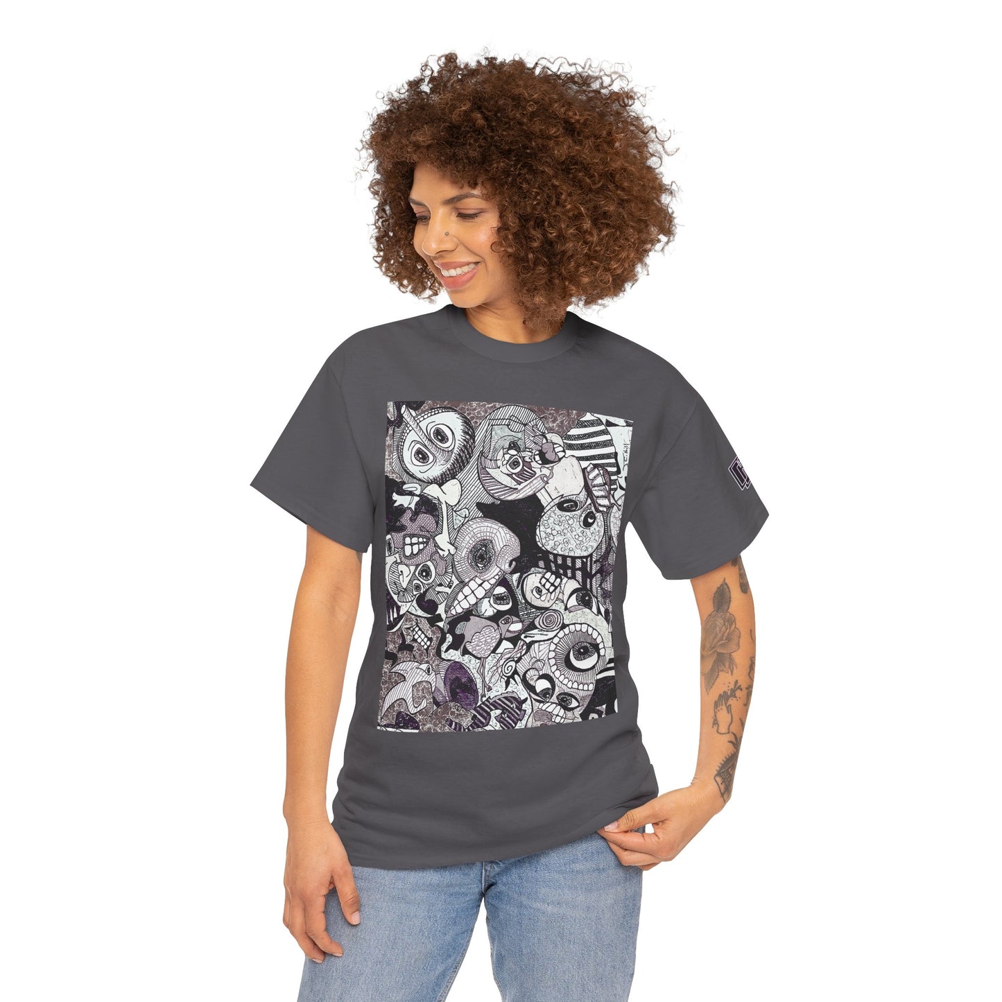 Doodle Monsters Graphic Tee — Black & White Surreal Cartoon Print