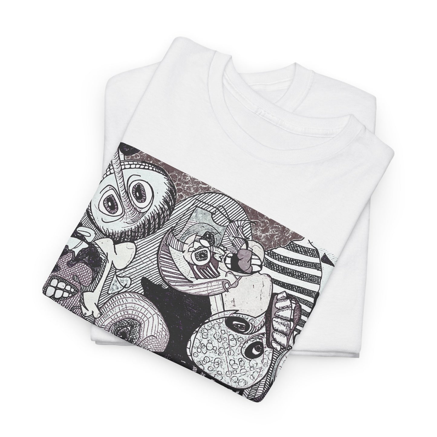 Doodle Monsters Graphic Tee — Black & White Surreal Cartoon Print