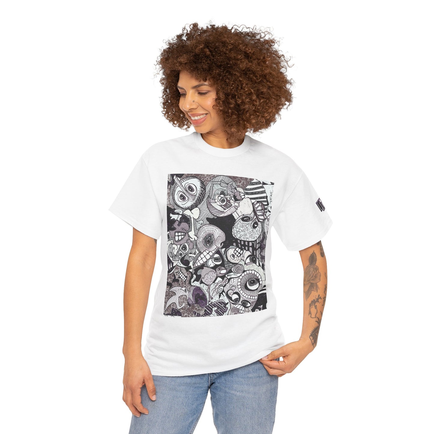 Doodle Monsters Graphic Tee — Black & White Surreal Cartoon Print