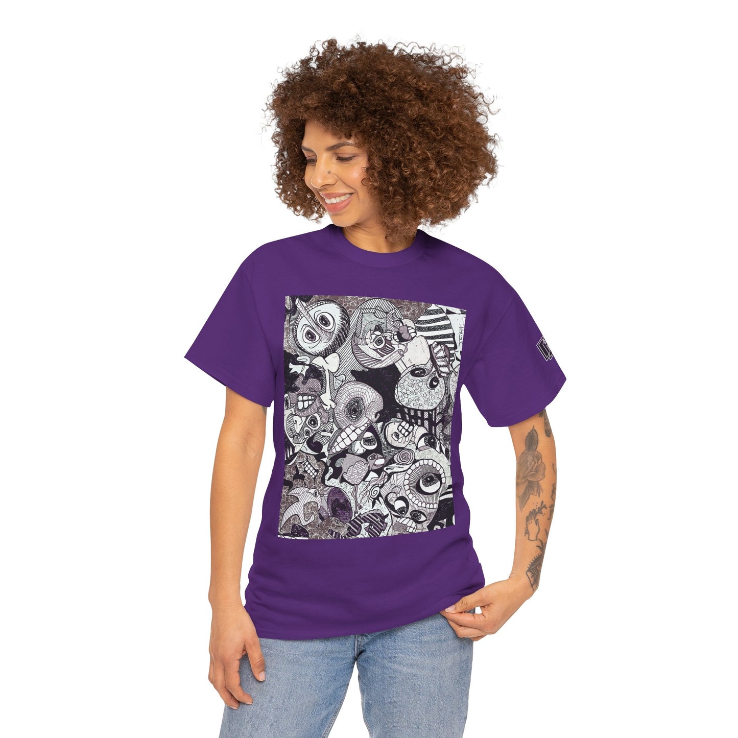 Doodle Monsters Graphic Tee — Black & White Surreal Cartoon Print