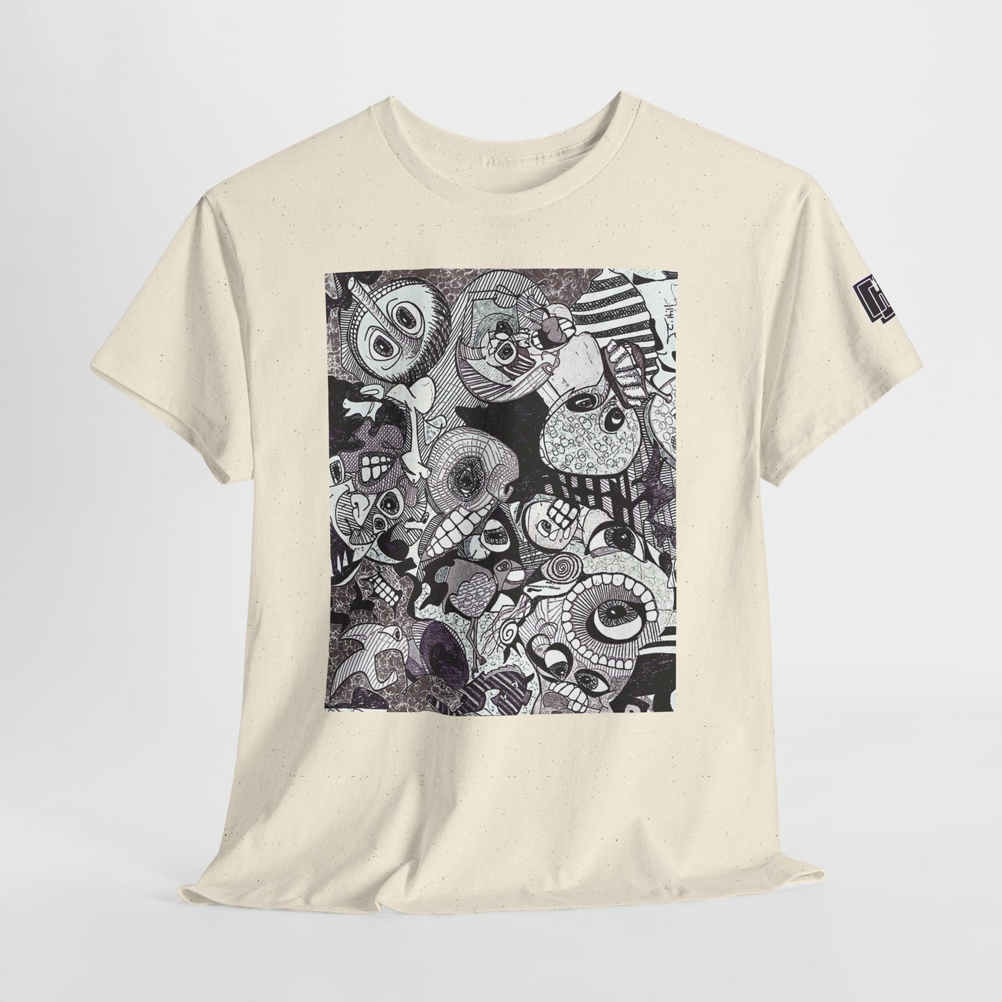 Doodle Monsters Graphic Tee — Black & White Surreal Cartoon Print