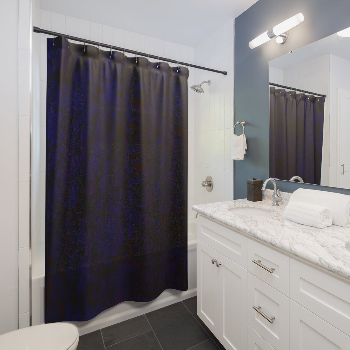 Navy Marble Shower Curtain - Deep Blue Abstract Bath Decor