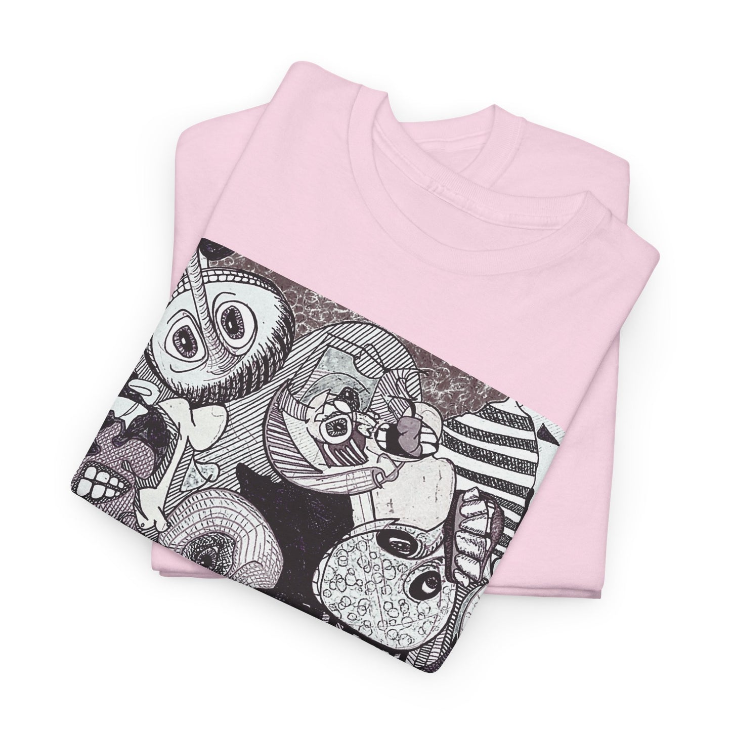 Doodle Monsters Graphic Tee — Black & White Surreal Cartoon Print