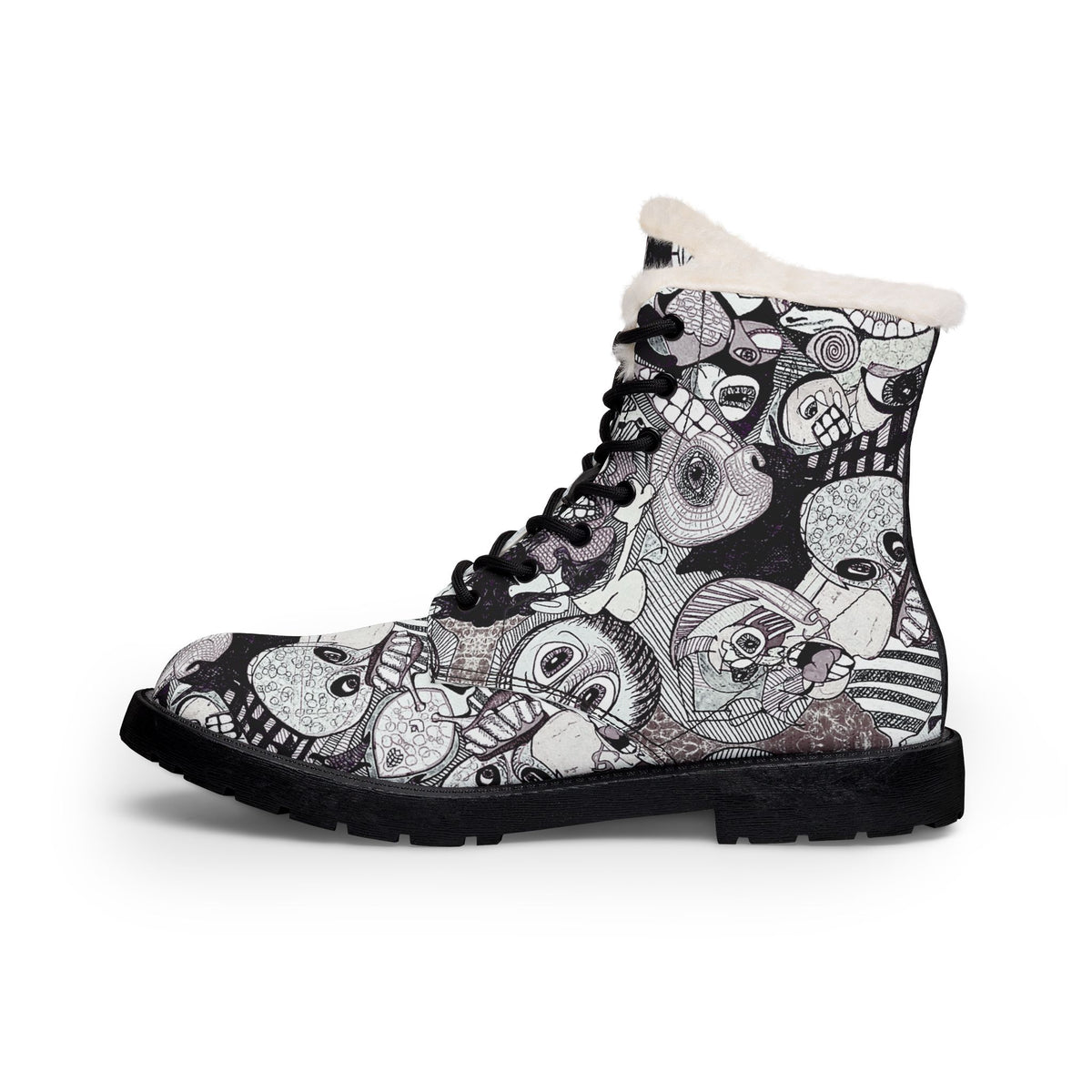 Fur-Lined Leather Boots — Black & White Skull Pattern Men’s Winter Boots