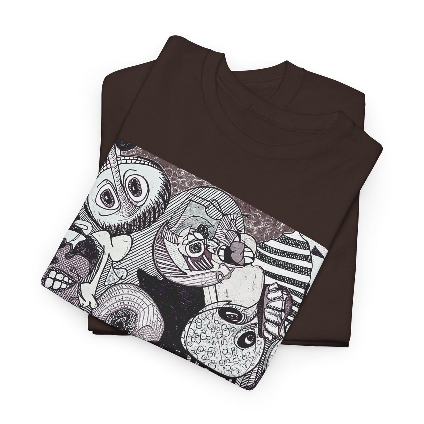 Doodle Monsters Graphic Tee — Black & White Surreal Cartoon Print