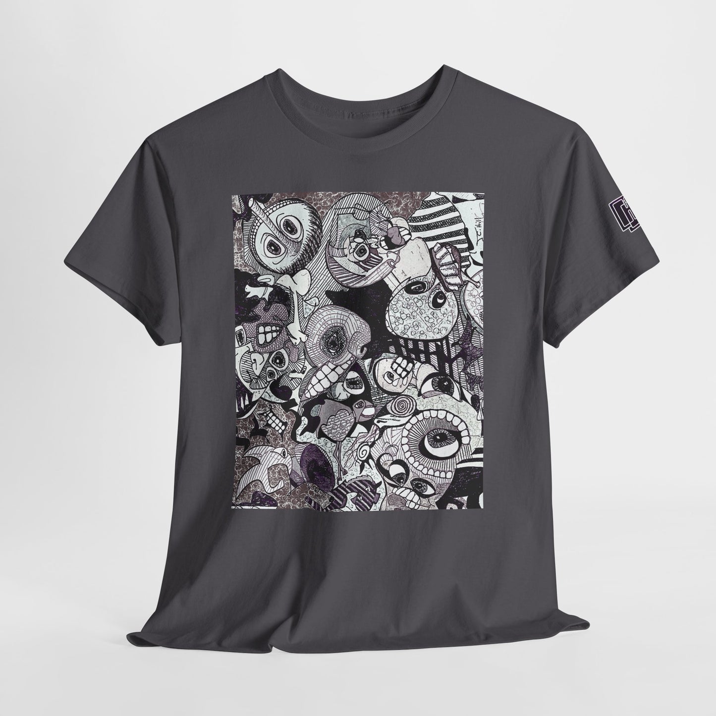 Doodle Monsters Graphic Tee — Black & White Surreal Cartoon Print