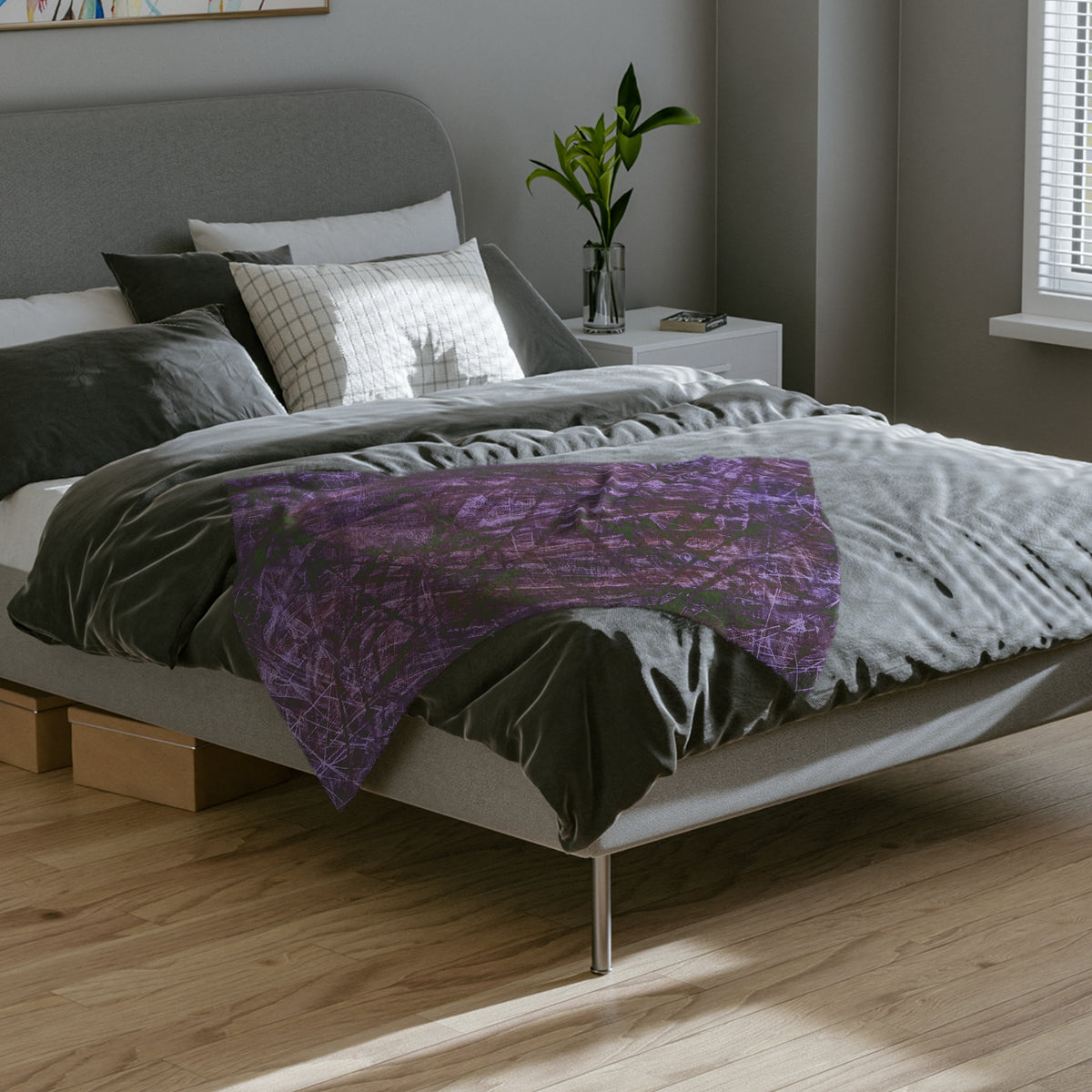 Purple Abstract Velvet Microfiber Blanket - Modern Grunge Throw for Living Room & Bedroom