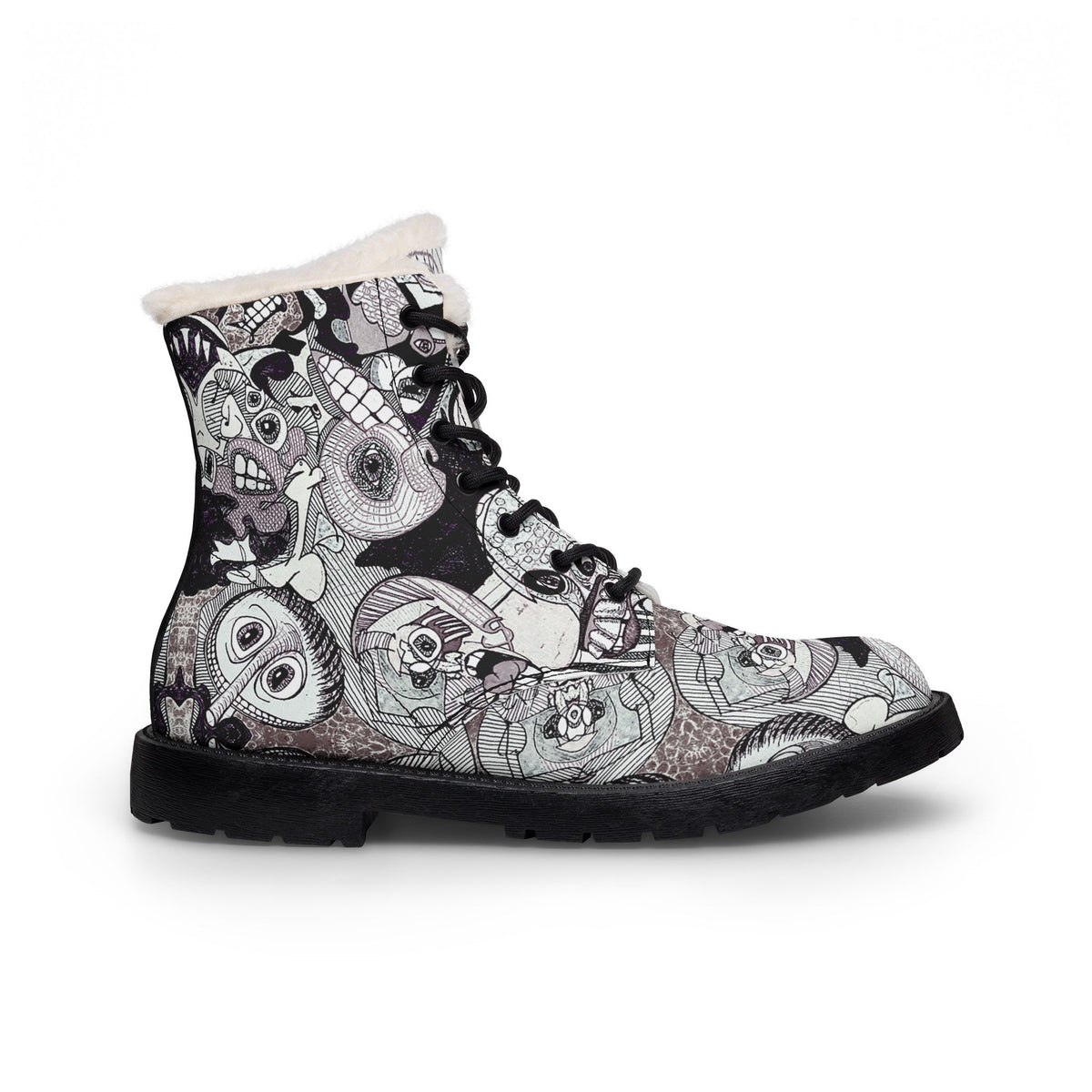 Fur-Lined Leather Boots — Black & White Skull Pattern Men’s Winter Boots