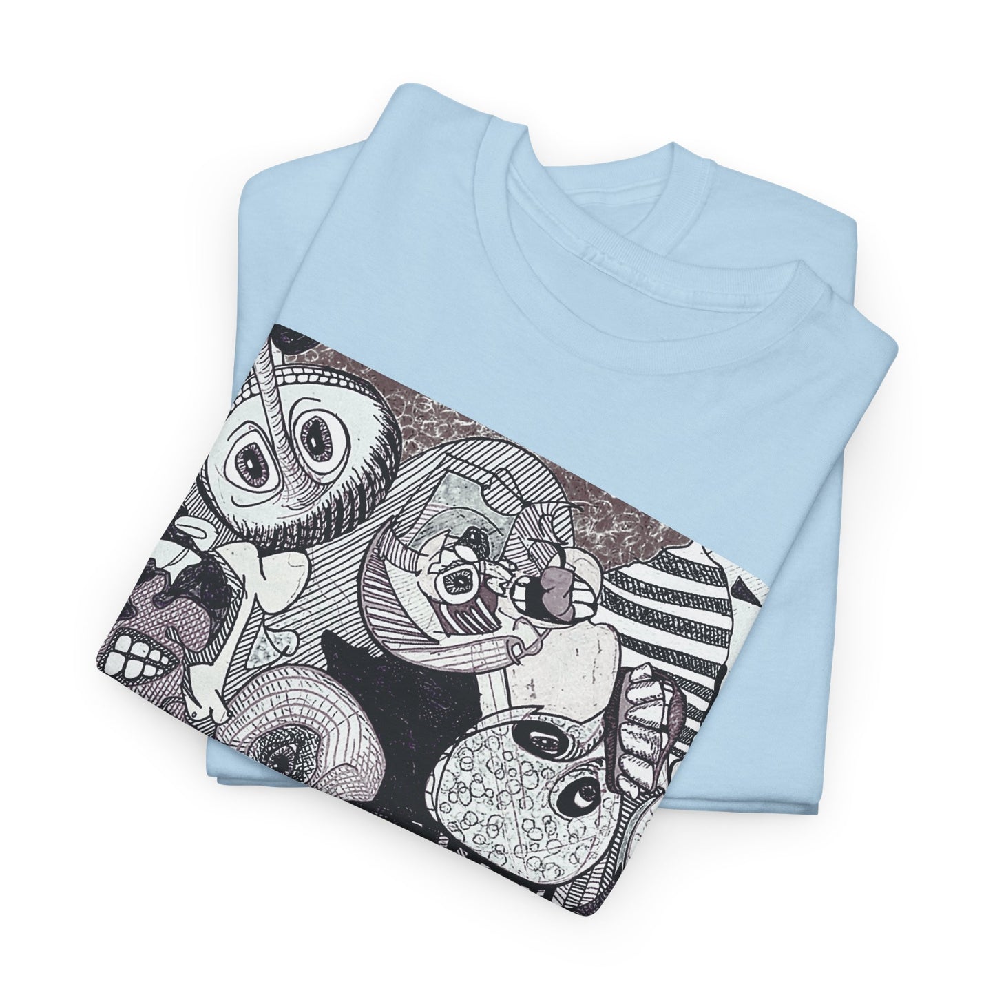 Doodle Monsters Graphic Tee — Black & White Surreal Cartoon Print