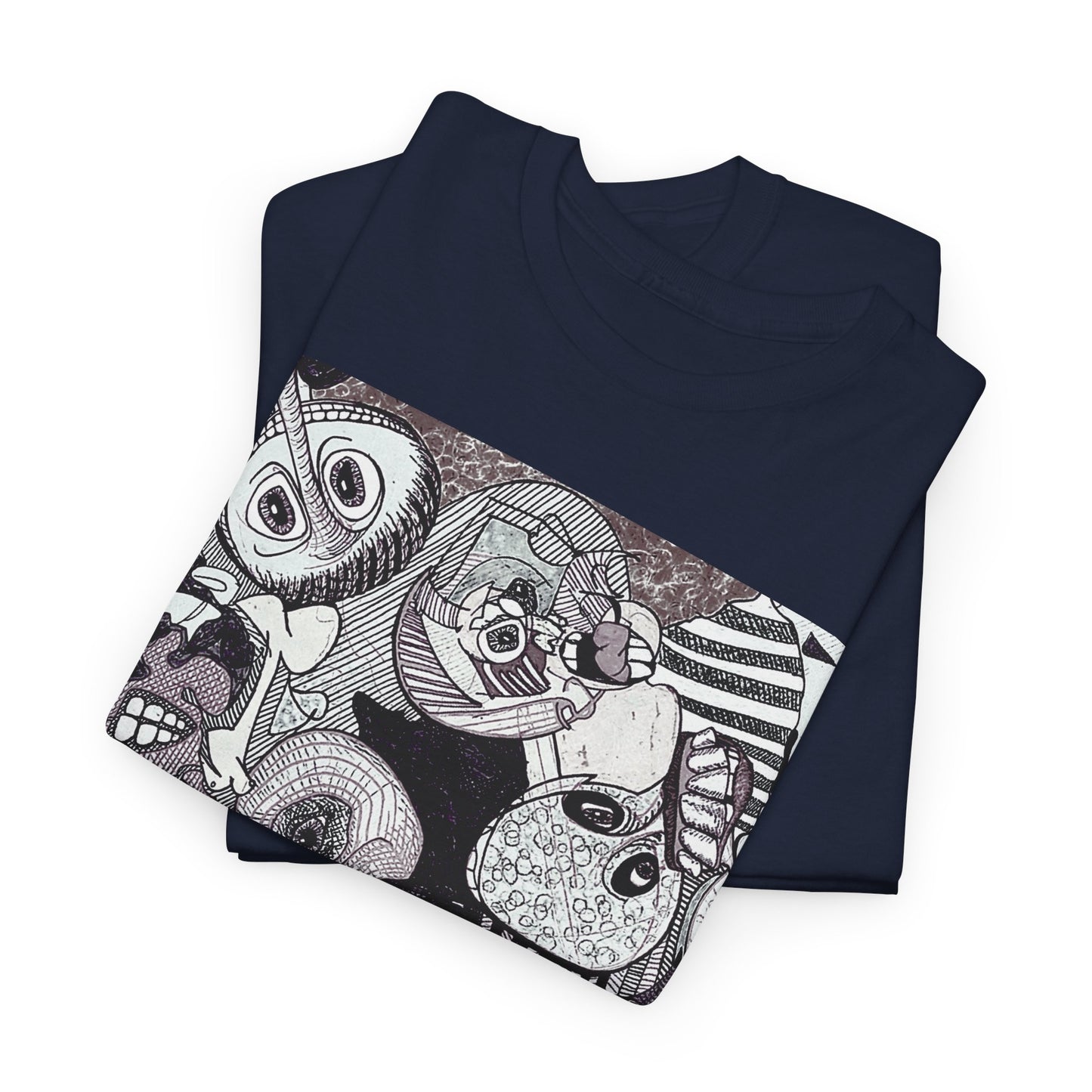 Doodle Monsters Graphic Tee — Black & White Surreal Cartoon Print