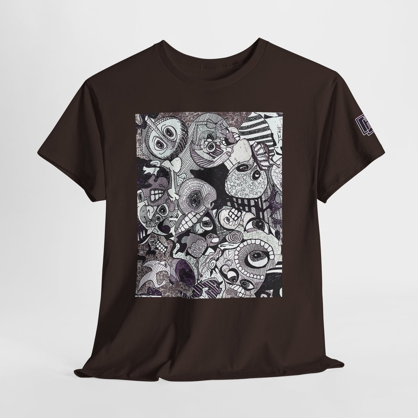 Doodle Monsters Graphic Tee — Black & White Surreal Cartoon Print