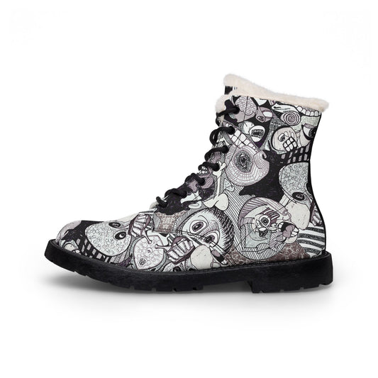 Fur-Lined Leather Boots — Black & White Skull Pattern Men’s Winter Boots