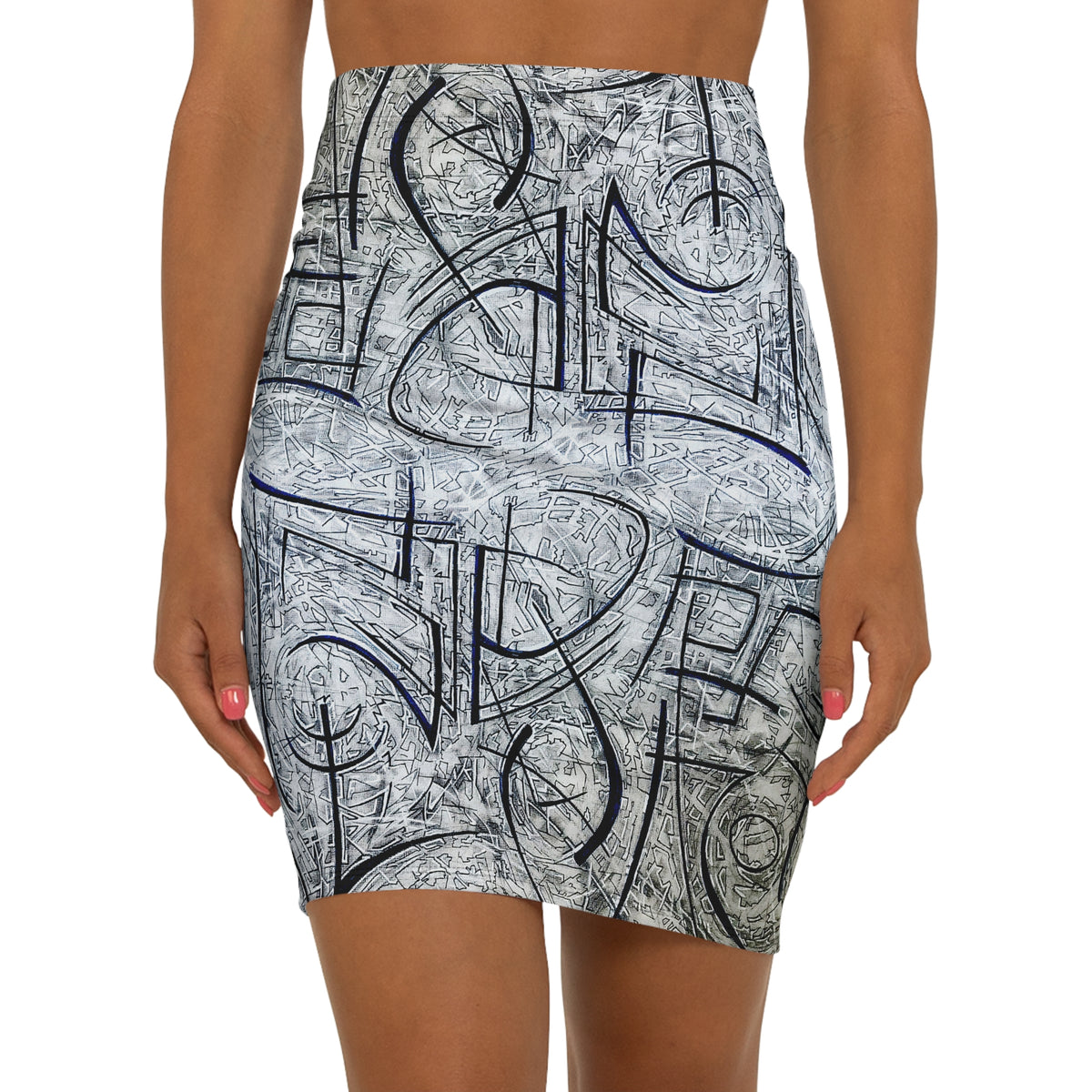 Can't you Read?! Asemic Pencil Drawing - Pencil Skirt - Mid-Waist Art Print Skirt
