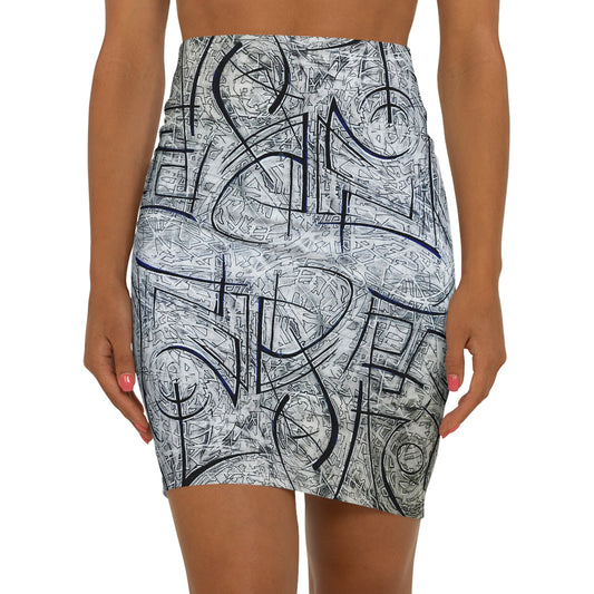 Can't you Read?! Asemic Pencil Drawing - Pencil Skirt - Mid-Waist Art Print Skirt