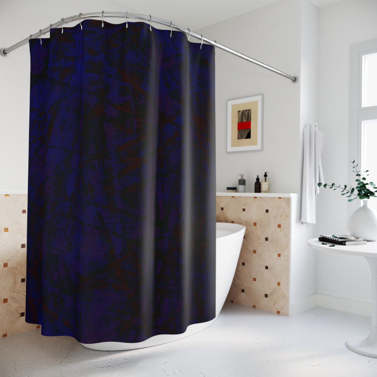 Navy Marble Shower Curtain - Deep Blue Abstract Bath Decor