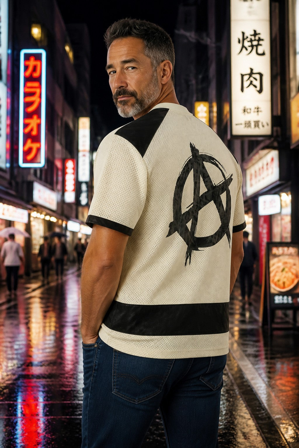 Unisex Raglan Sleeve Mesh Boxy T-Shirt with original hand painted anarchy symbol