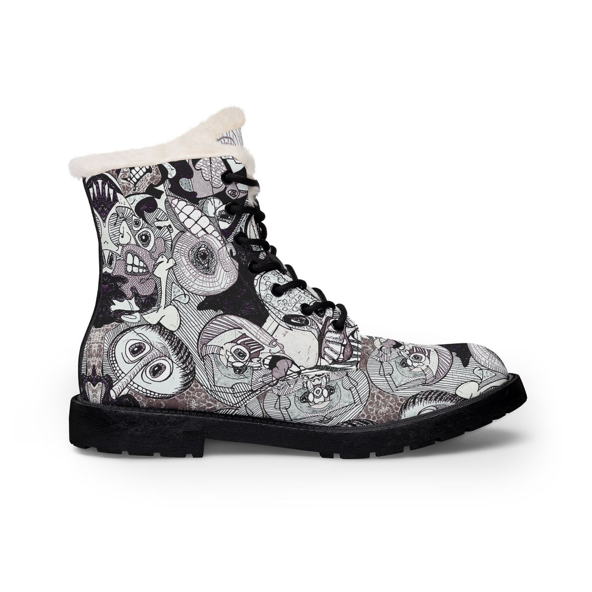 Fur-Lined Leather Boots — Black & White Skull Pattern Men’s Winter Boots