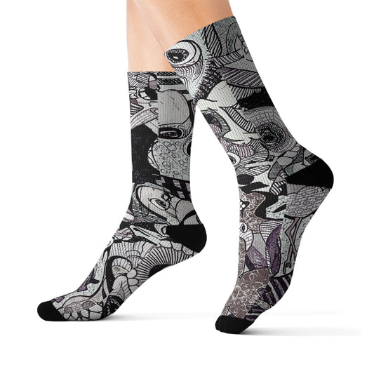 House Party — Black & Gray All-Over Face Pattern Sublimation Socks