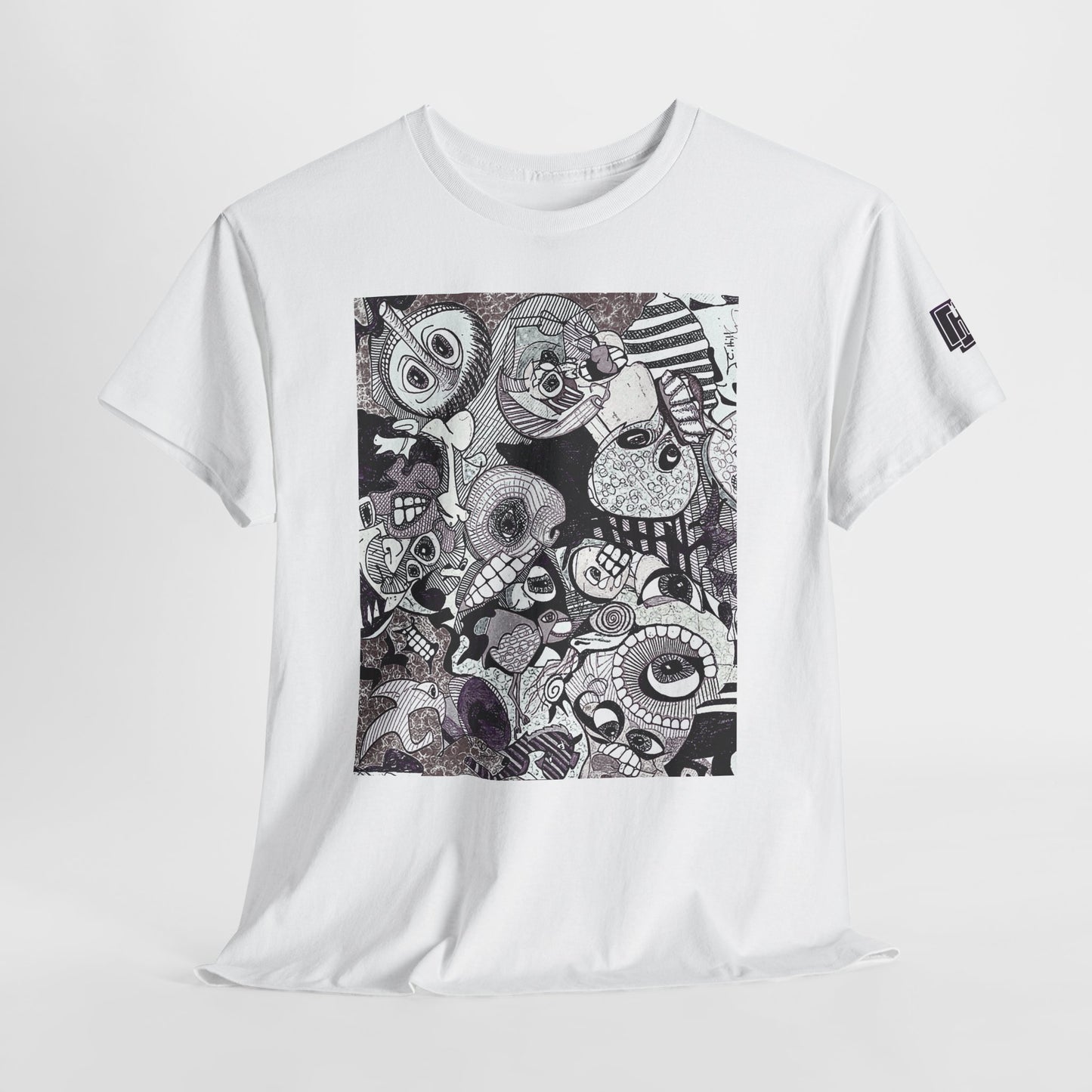 Doodle Monsters Graphic Tee — Black & White Surreal Cartoon Print