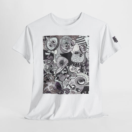 Doodle Monsters Graphic Tee — Black & White Surreal Cartoon Print