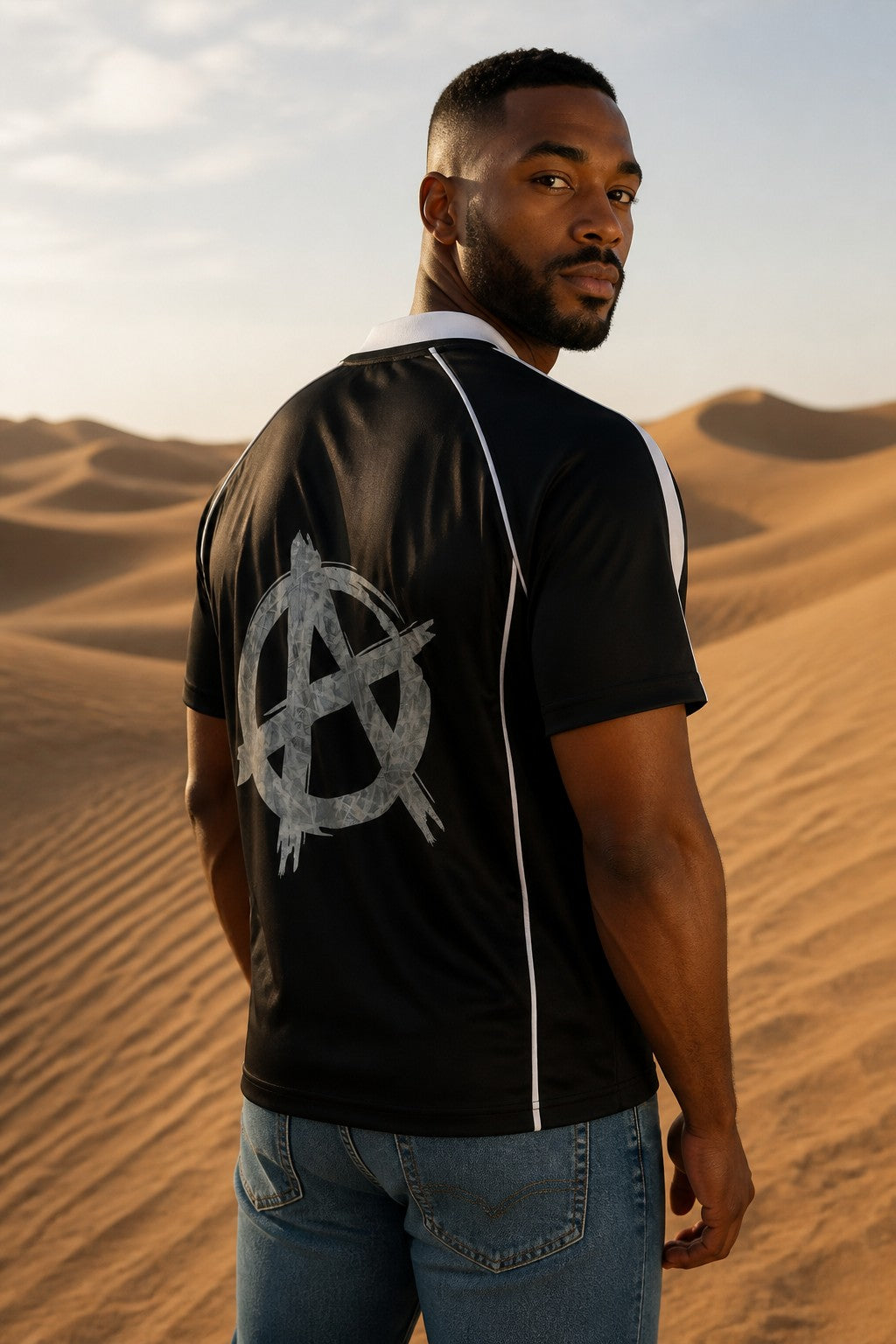 Shadow Stripe Collared Soccer Jersey with original Hand Drawn Anarchy Symbol