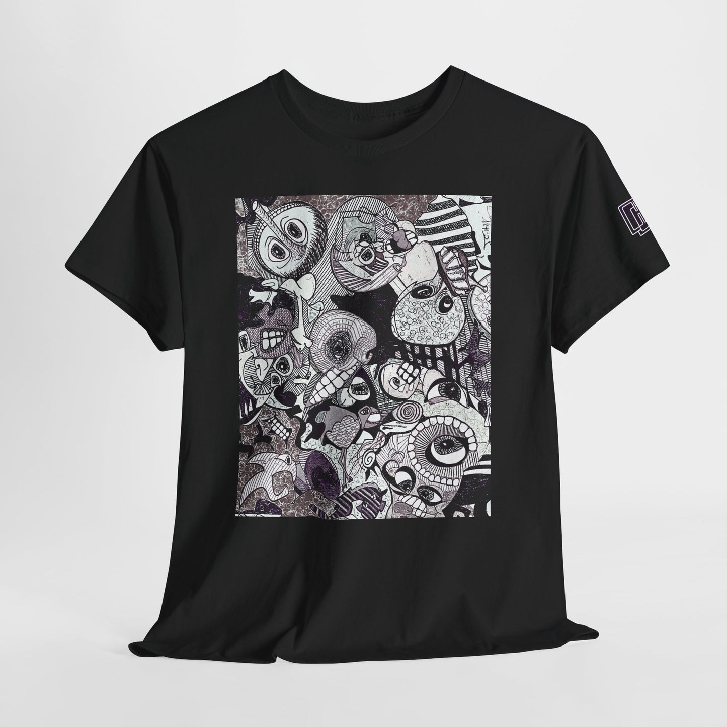 Doodle Monsters Graphic Tee — Black & White Surreal Cartoon Print
