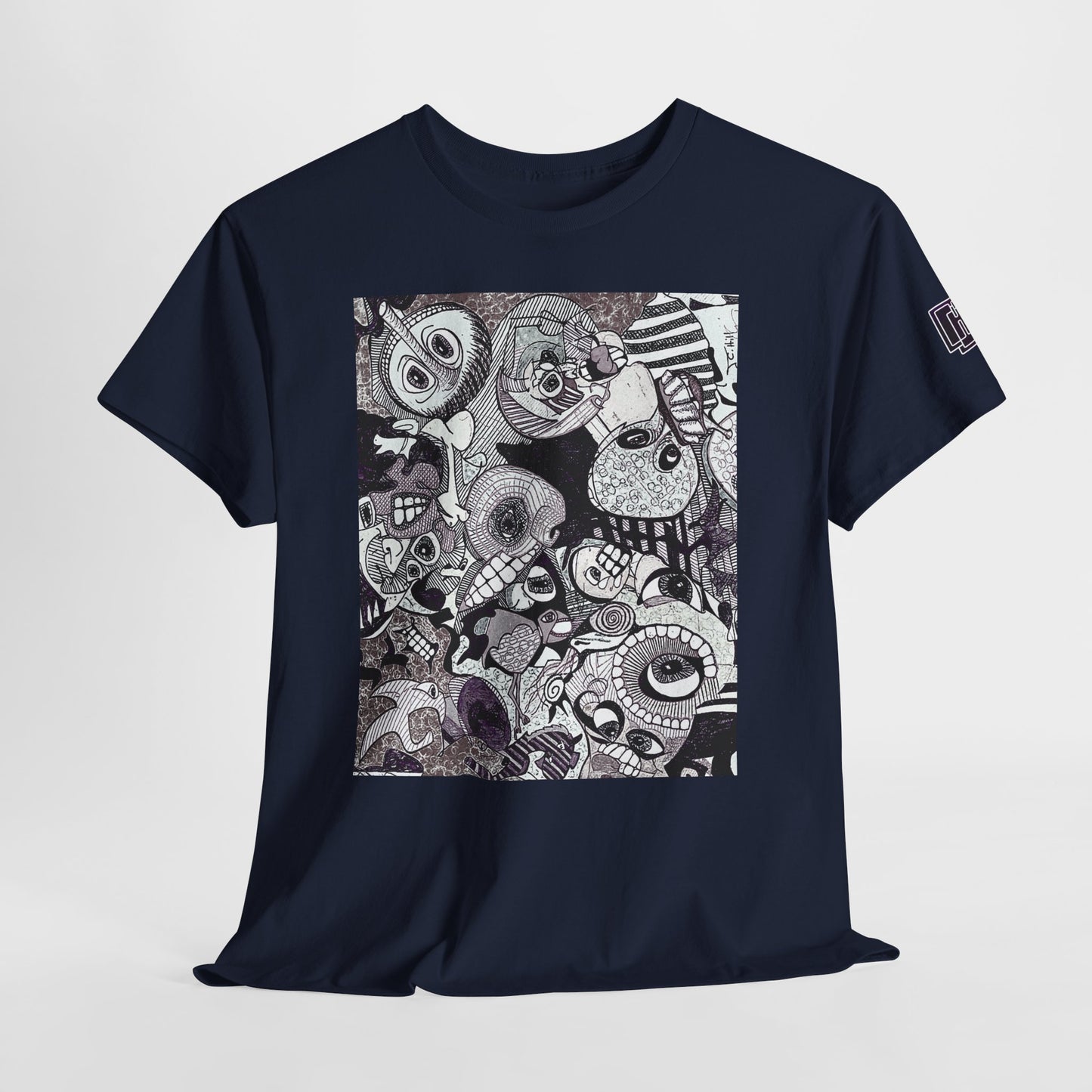 Doodle Monsters Graphic Tee — Black & White Surreal Cartoon Print