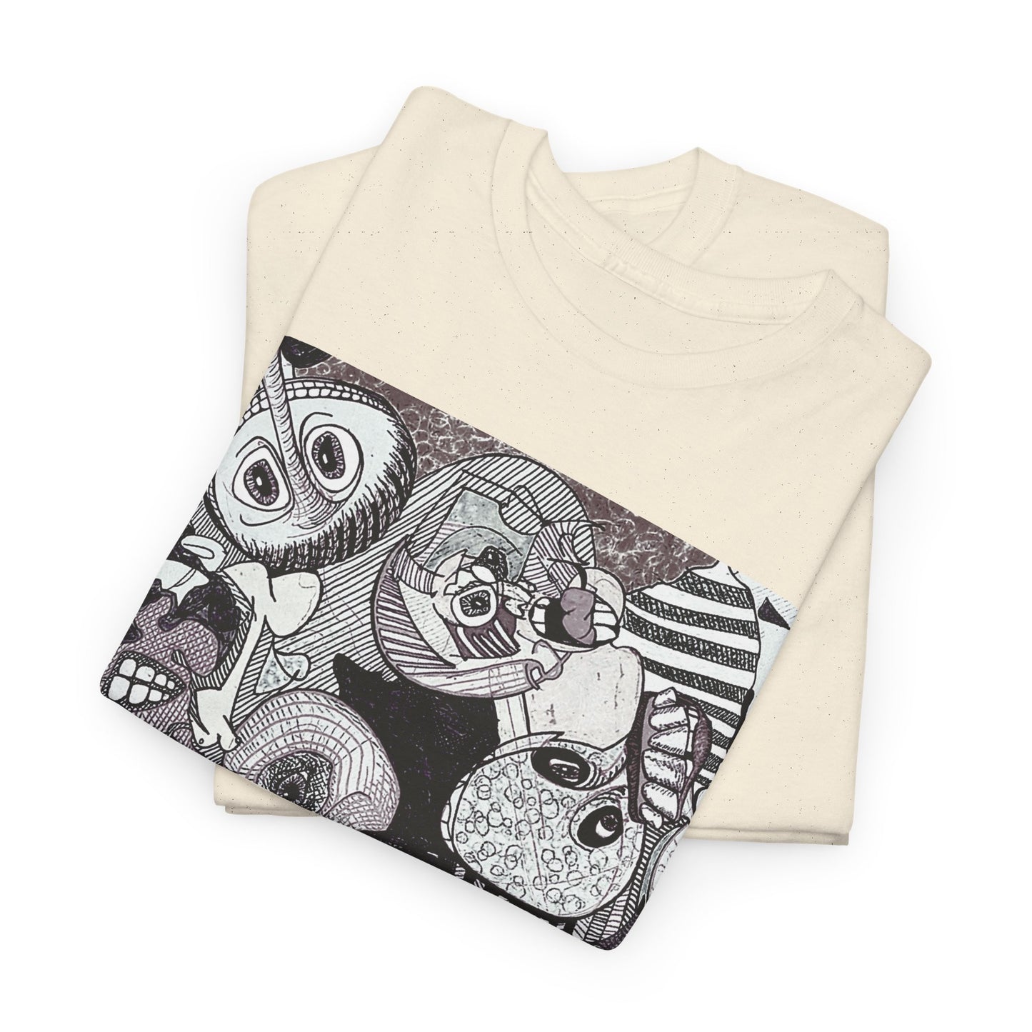 Doodle Monsters Graphic Tee — Black & White Surreal Cartoon Print