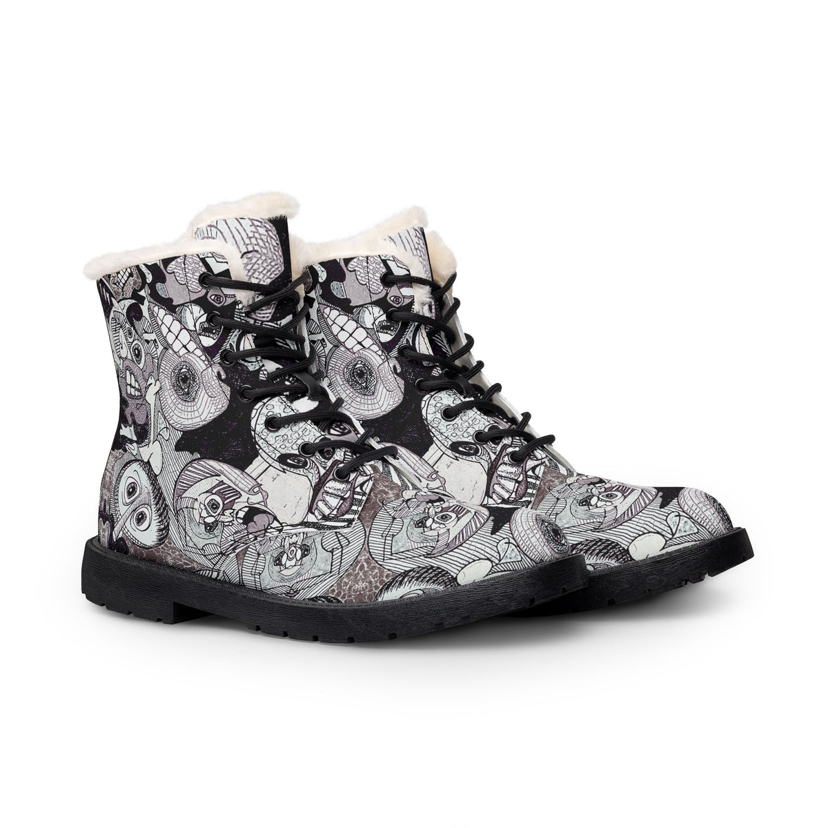 Fur-Lined Leather Boots — Black & White Skull Pattern Men’s Winter Boots