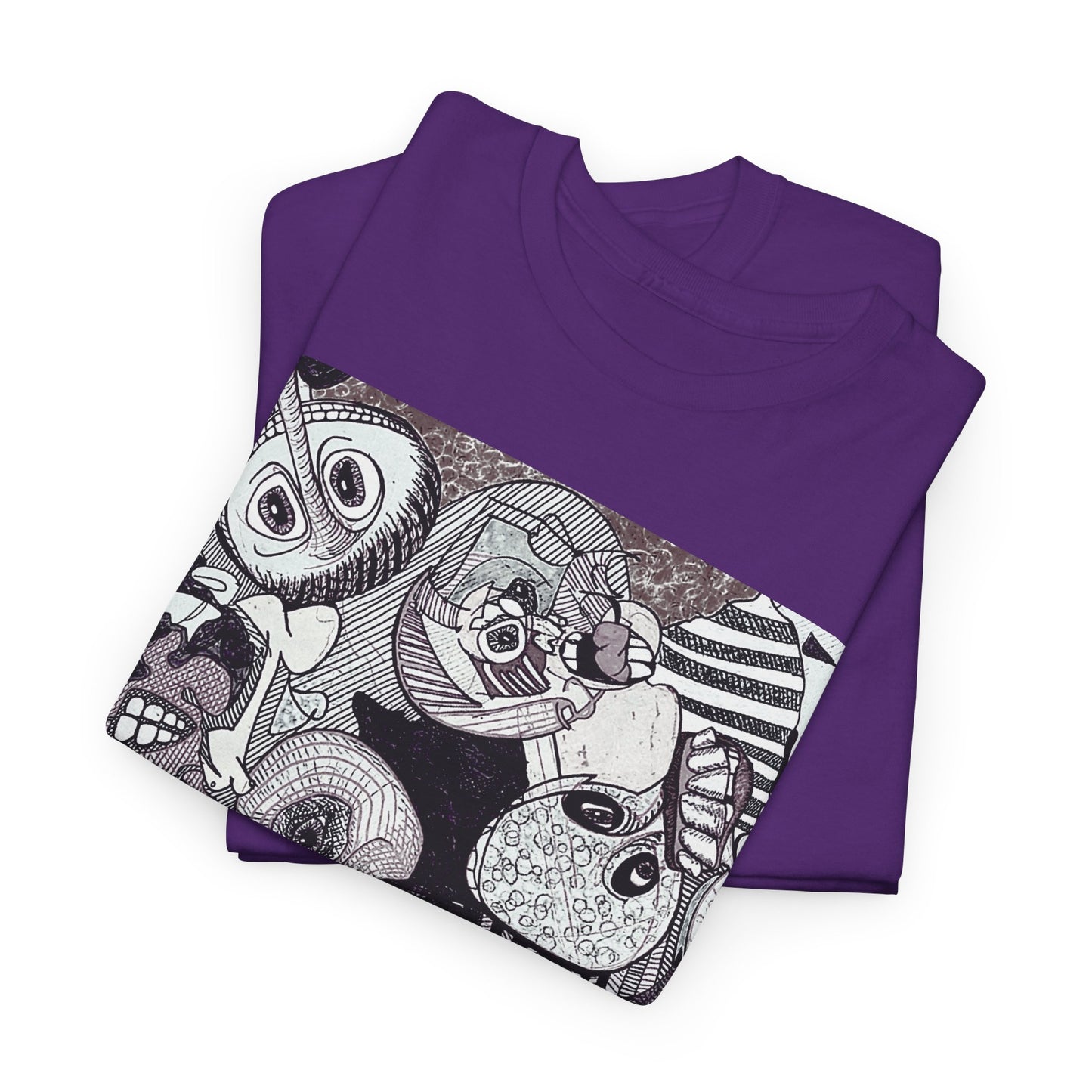 Doodle Monsters Graphic Tee — Black & White Surreal Cartoon Print