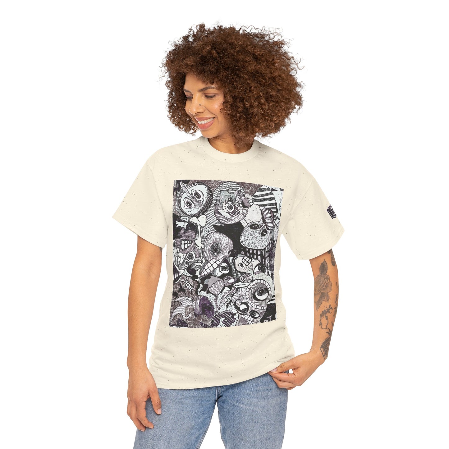 Doodle Monsters Graphic Tee — Black & White Surreal Cartoon Print