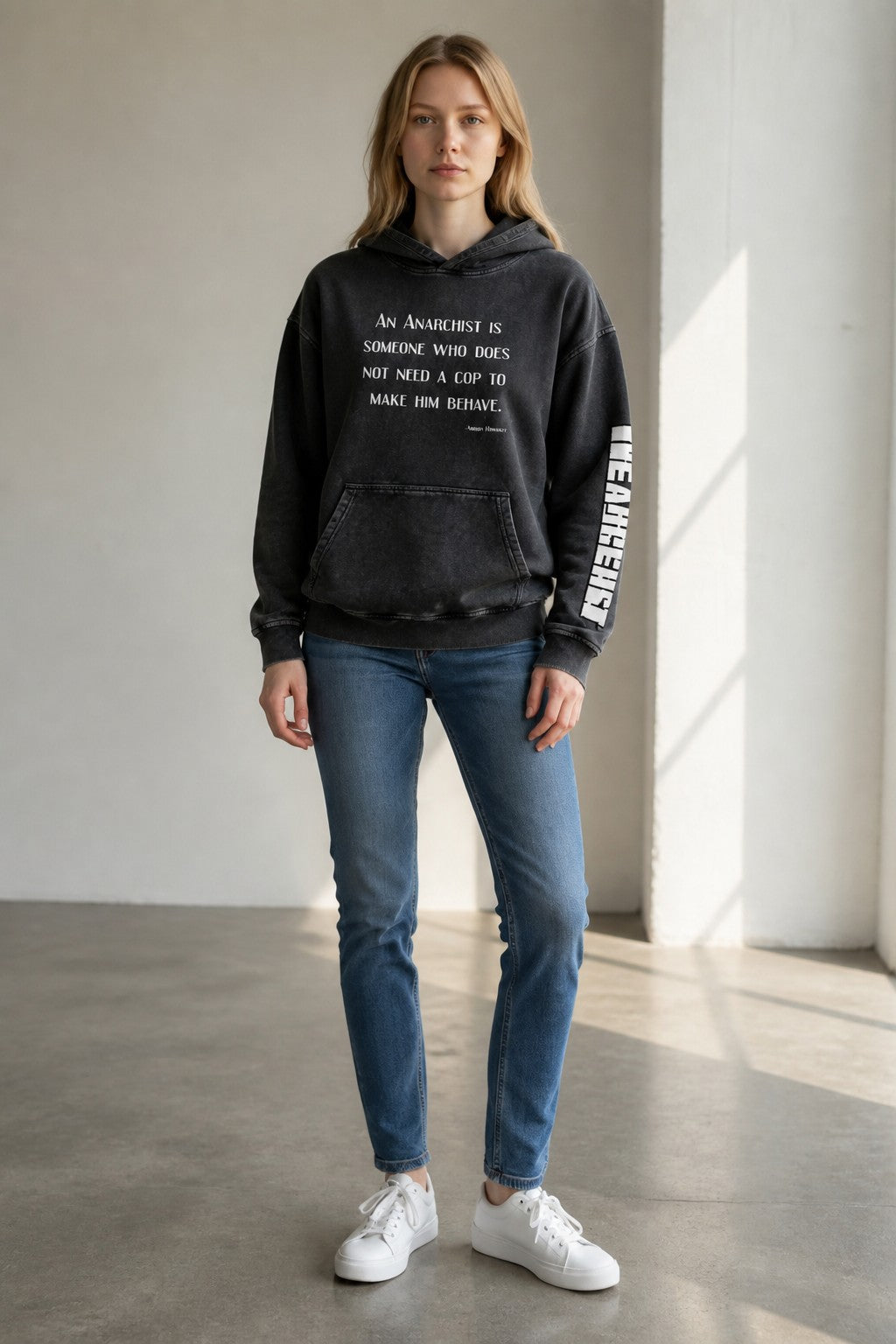 Original ArtWork Anarchy Symbol and Quote - Snow Washed Loose Cotton Hoodie