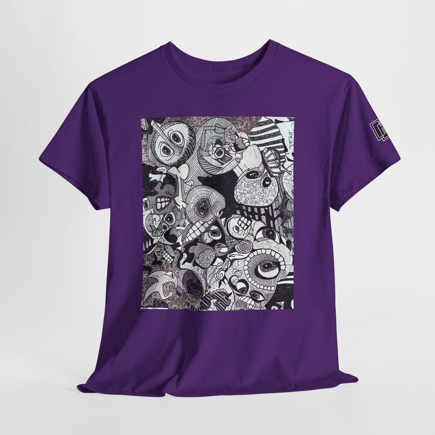 Doodle Monsters Graphic Tee — Black & White Surreal Cartoon Print