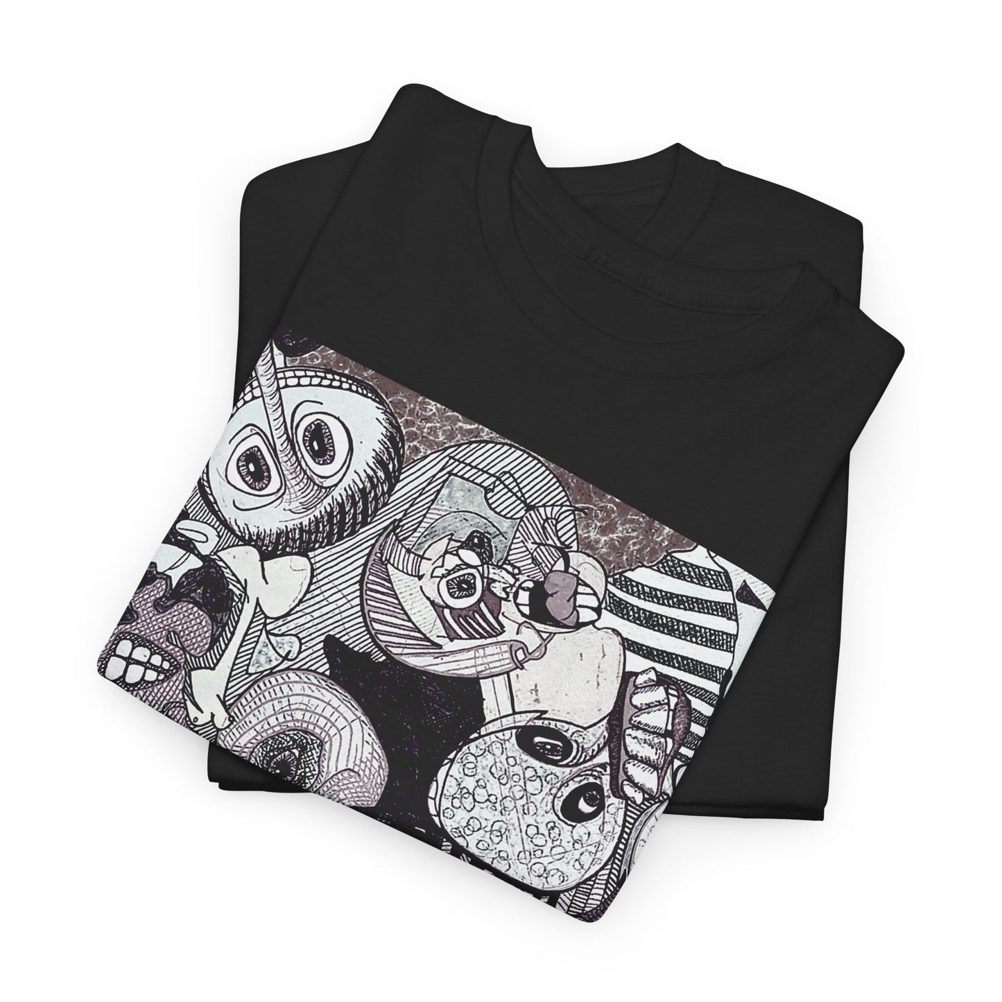 Doodle Monsters Graphic Tee — Black & White Surreal Cartoon Print