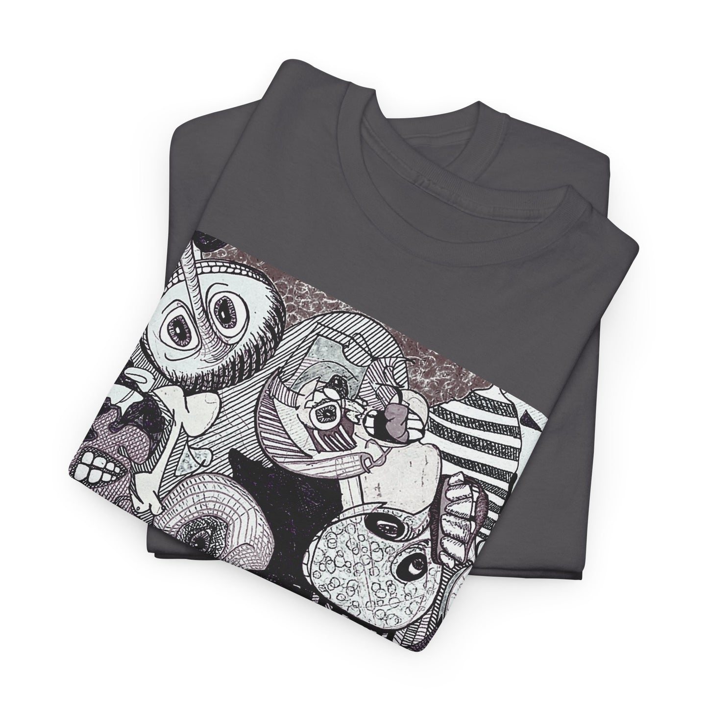 Doodle Monsters Graphic Tee — Black & White Surreal Cartoon Print