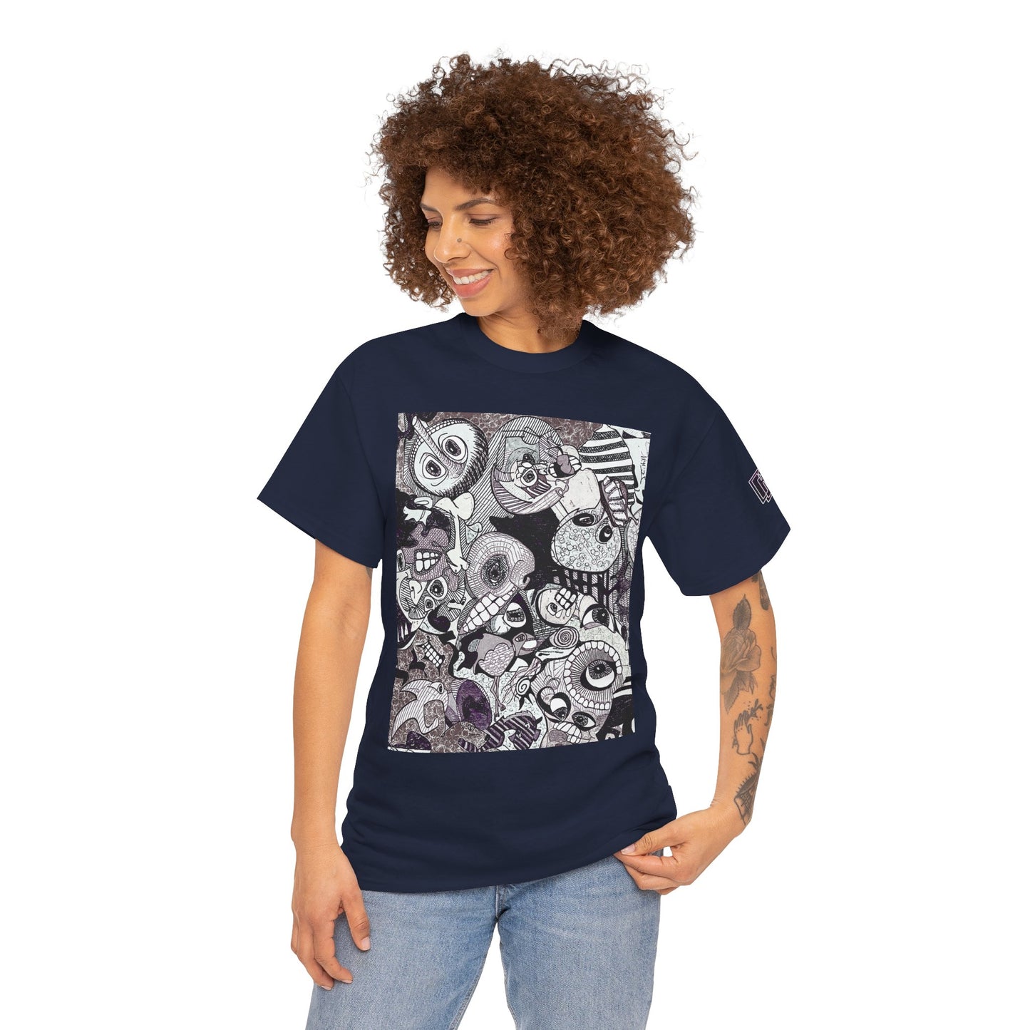 Doodle Monsters Graphic Tee — Black & White Surreal Cartoon Print