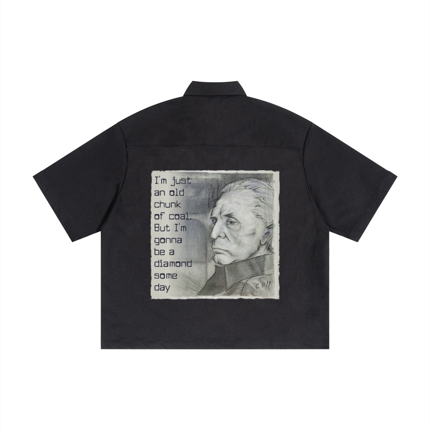 Old Johnny Cash pencil drawing on button up shirt with collar.
