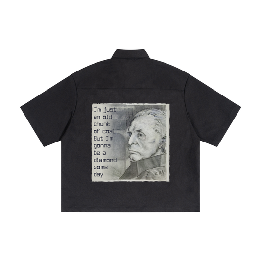 Johnny Cash as an old man pencil drawing on button up shirt with collar.